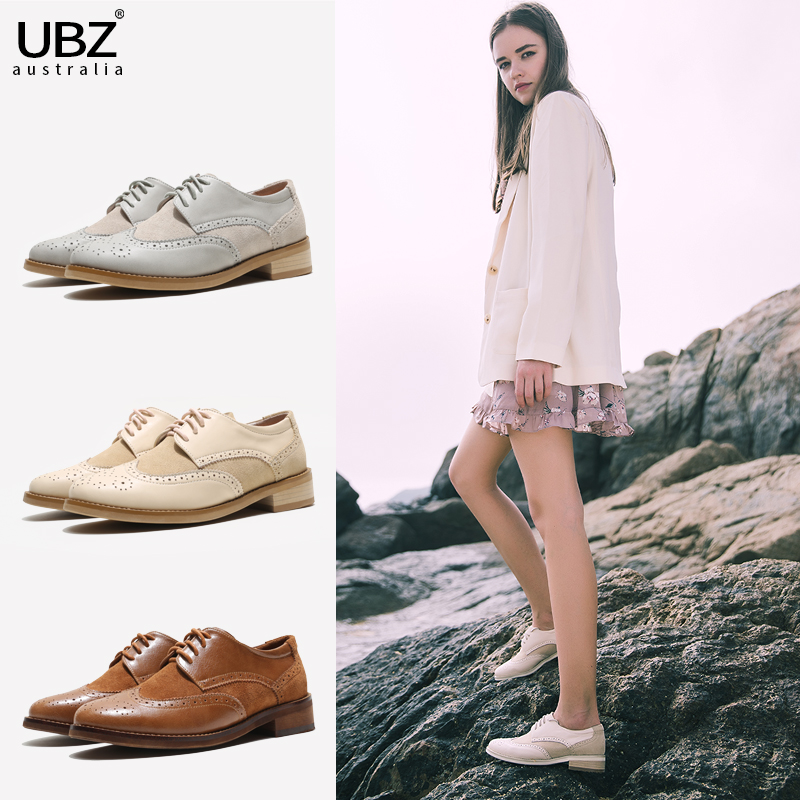UBZ 2018春季新款小皮鞋 拼色百搭厚底鞋 英倫學院復古系帶女單鞋